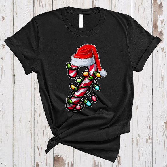 MacnyStore - Candy Cane Wearing Santa Hat, Lovely Cool Christmas Lights Pajama, X-mas Family Group T-Shirt