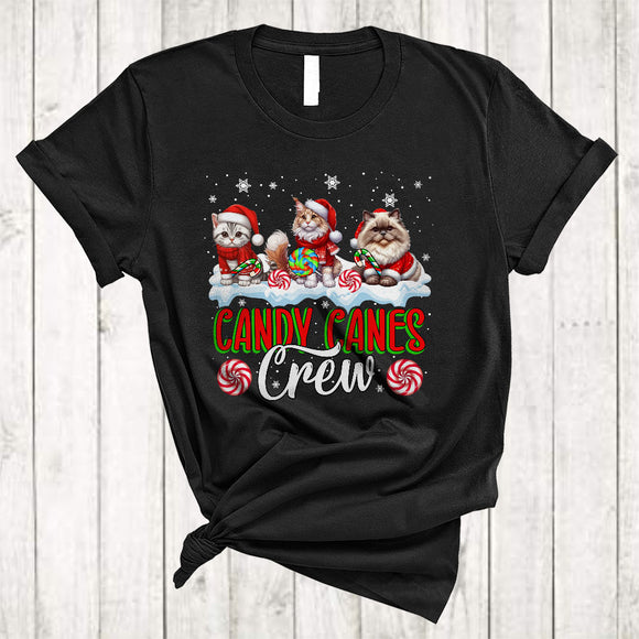 MacnyStore - Candy Canes Crew, Lovely Cute Christmas Three Cats With Candy Canes, X-mas Family Group T-Shirt