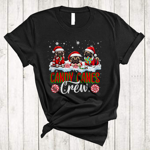 MacnyStore - Candy Canes Crew, Lovely Cute Christmas Three Pugs With Candy Canes, X-mas Family Group T-Shirt