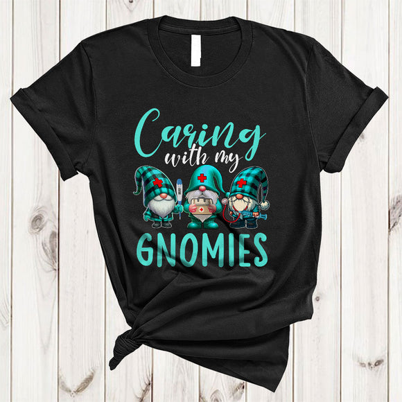 MacnyStore - Caring With My Gnomies, Adorable Nurse Week Three Gnomes Nursing, Matching Nurse Group T-Shirt