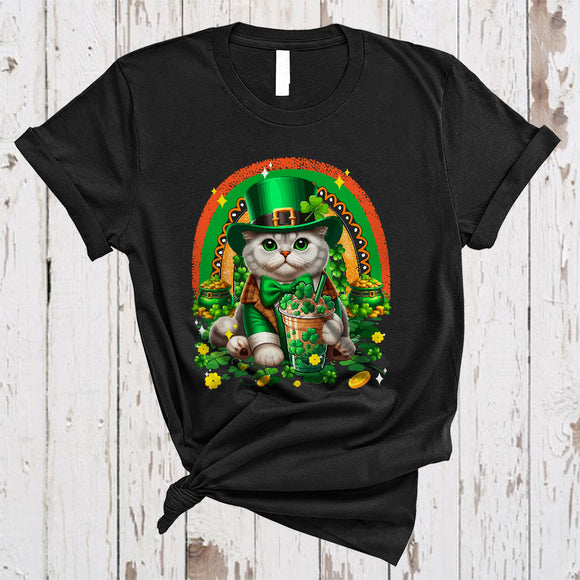 MacnyStore - Cat Drinking Coffee, Humorous St. Patrick's Day Irish Group Cat Owner Lover, Shamrock Rainbow T-Shirt