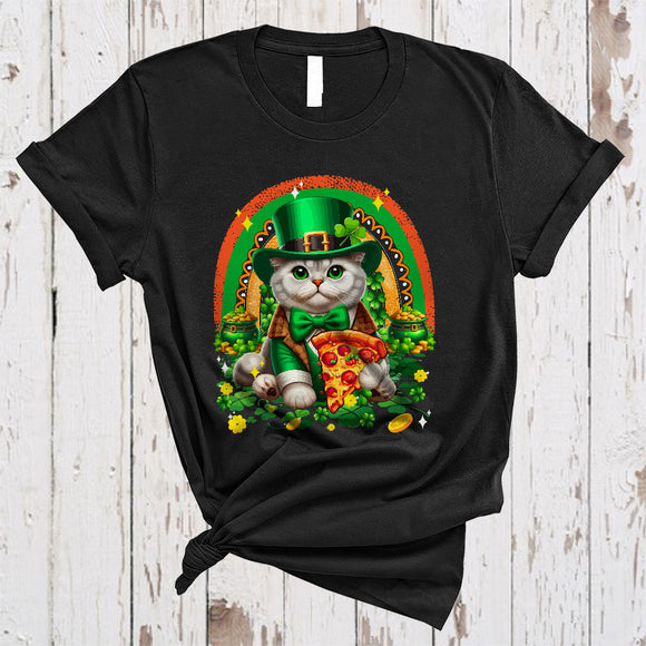 MacnyStore - Cat Eating Pizza, Humorous St. Patrick's Day Irish Group Cat Owner Lover, Shamrock Rainbow T-Shirt