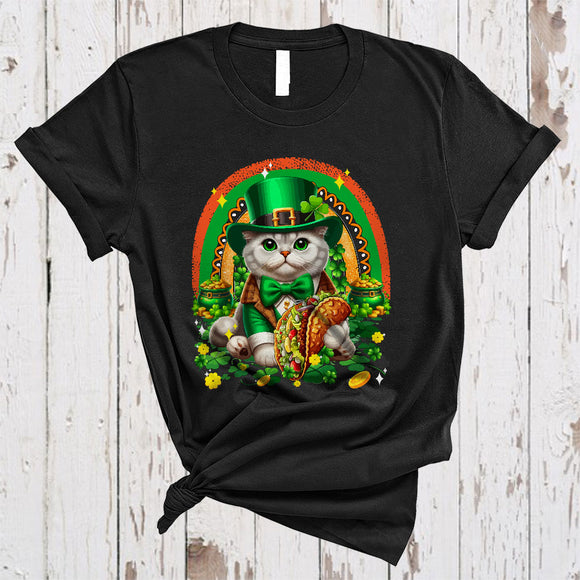 MacnyStore - Cat Eating Taco, Humorous St. Patrick's Day Irish Group Cat Owner Lover, Shamrock Rainbow T-Shirt
