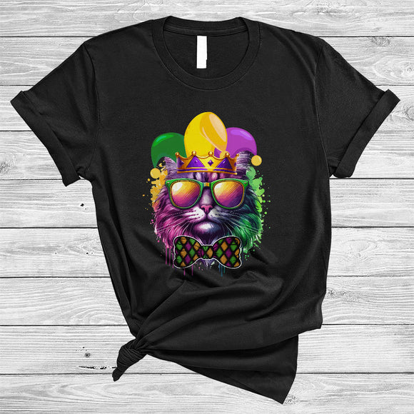 MacnyStore - Cat Face Wearing Sunglasses Jester Hat, Adorable Mardi Gras Cat Owner, Parades Group T-Shirt