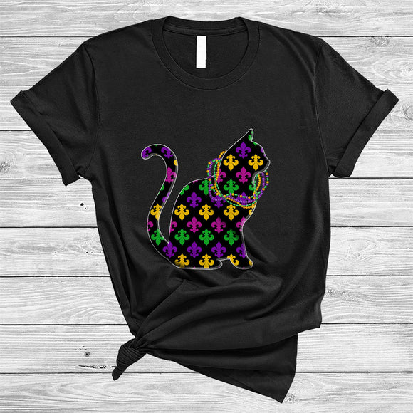 MacnyStore - Cat Mardi Gras Symbol Shape, Cheerful Mardi Gras Beads Parades Group, Matching Cat Lover T-Shirt