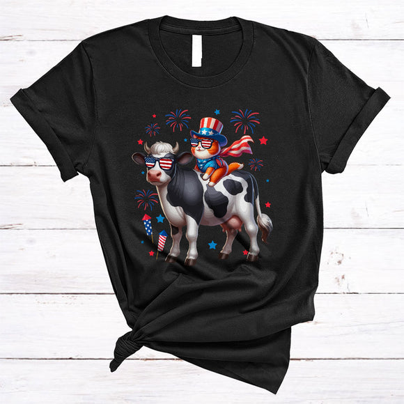 MacnyStore - Cat Riding Cow, Lovely 4th Of July American Flag Fireworks, Animal Lover Patriotic Group T-Shirt
