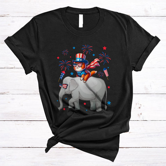 MacnyStore - Cat Riding Elephant, Lovely 4th Of July American Flag Fireworks, Animal Lover Patriotic Group T-Shirt