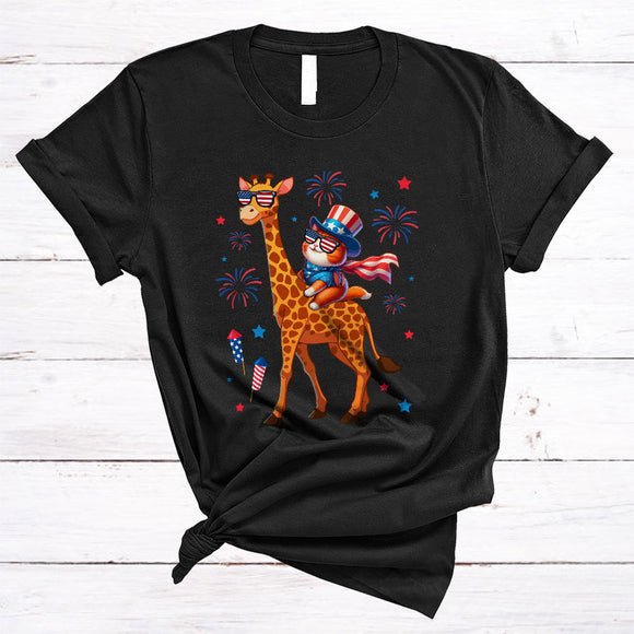 MacnyStore - Cat Riding Giraffe, Lovely 4th Of July American Flag Fireworks, Animal Lover Patriotic Group T-Shirt
