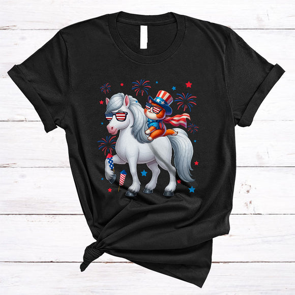 MacnyStore - Cat Riding Horse, Lovely 4th Of July American Flag Fireworks, Animal Lover Patriotic Group T-Shirt