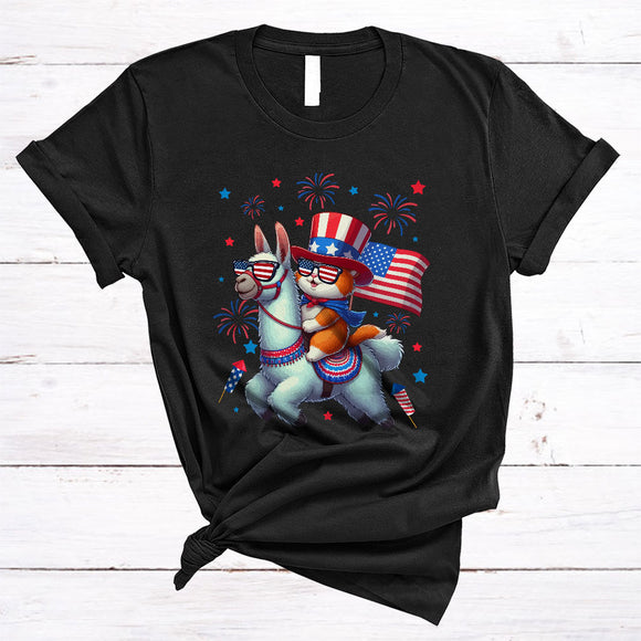 MacnyStore - Cat Riding Llama, Lovely 4th Of July American Flag Fireworks, Animal Lover Patriotic Group T-Shirt