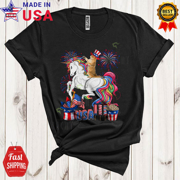 MacnyStore - Cat Riding Unicorn Funny Cool 4th Of July American Flag Fireworks Cat Unicorn Lover T-Shirt