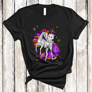 MacnyStore - Cat Riding Unicorn, Joyful Mardi Gras Magical Unicorn Lover, Matching Parades Group T-Shirt