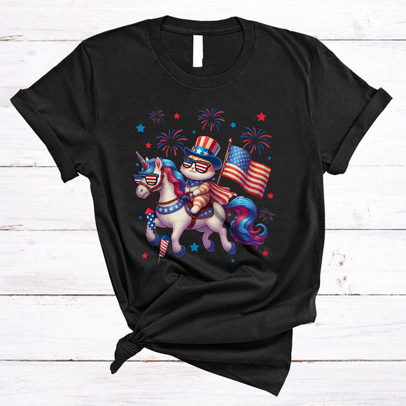 MacnyStore - Cat Riding Unicorn, Lovely 4th Of July American Flag Fireworks, Animal Lover Patriotic Group T-Shirt