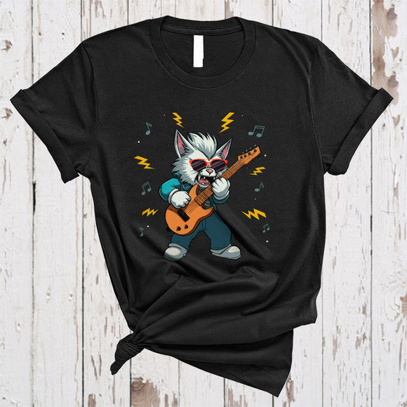 MacnyStore - Cat Rock Star Playing Guitar Cool Cute Cat Wearing Sunglass Playing Guitar Music Lover T-Shirt