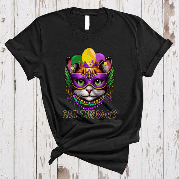 MacnyStore - Cat Tuesday, Adorable Mardi Gras Mask Kitten Face Wearing Beads Jester Hat, Family Group T-Shirt
