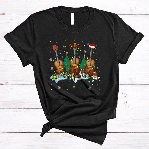 MacnyStore - Cello With X-mas Tree, Colorful Christmas Musical Instruments Player, X-mas Snow Around T-Shirt
