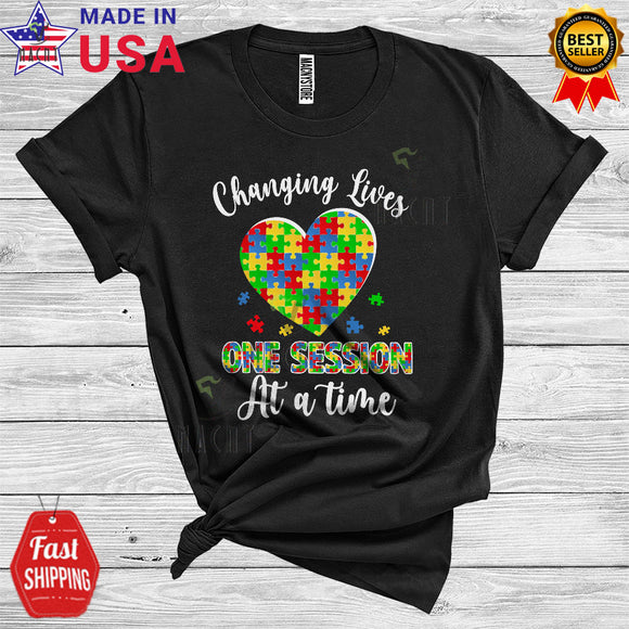 MacnyStore - Changing Lives One Session At A Time Cool Autism Awareness Puzzle Heart ABA Therapist Teacher T-Shirt