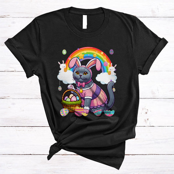 MacnyStore - Chartreux Cat In Easter Bunny Cosplay, Amazing Easter Day Hunting Eggs Rainbow, Family Group T-Shirt