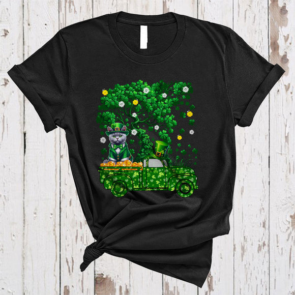 MacnyStore - Chartreux Cat On Green Pickup Truck, Lovely St. Patrick's Day Shamrock Tree, Lucky Irish Group T-Shirt