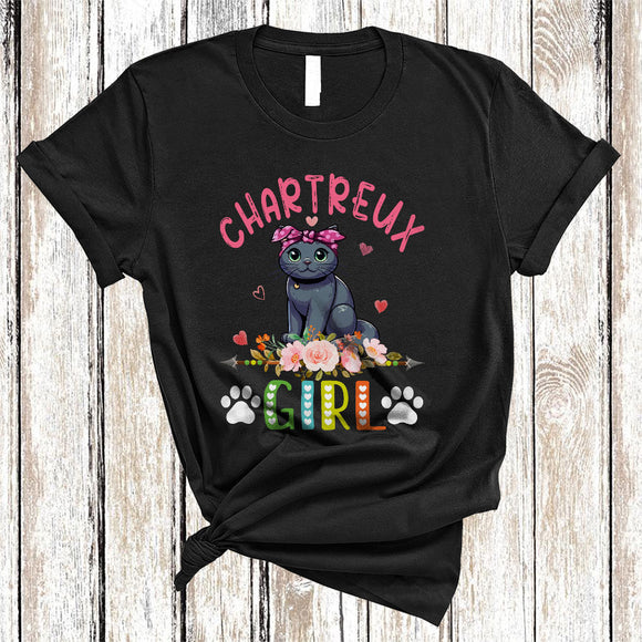 MacnyStore - Chartreux Girl, Amazing Floral Kitten Lover Hearts Flowers, Matching Girls Women Family T-Shirt