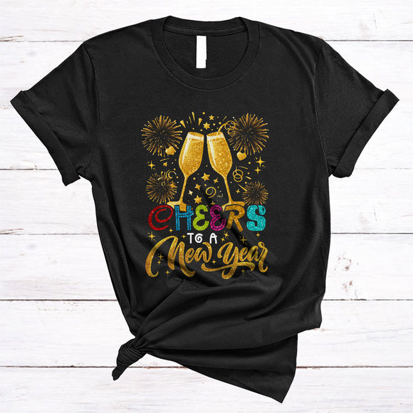 MacnyStore - Cheers To A New Year, Joyful Happy New Year 2024 Champagne Firework, Matching Family Group T-Shirt