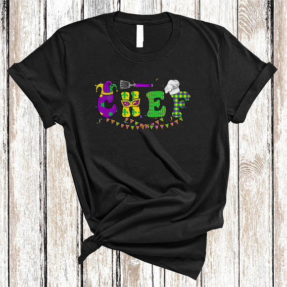 MacnyStore - Chef, Cheerful Mardi Gras Squad Chef Lover, Mardi Gras Mask Jester Hat Parades Group T-Shirt