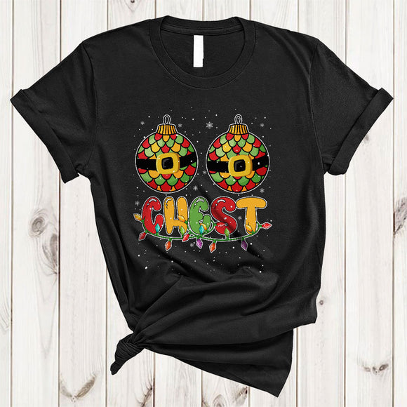 MacnyStore - Chest, Colorful Cool Christmas Lights Two Santa Baubles Chestnuts, Adult Couples X-mas T-Shirt