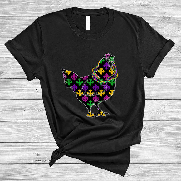 MacnyStore - Chicken Mardi Gras Symbol Shape, Cheerful Mardi Gras Beads Parades Group, Matching Chicken Farmer Lover T-Shirt