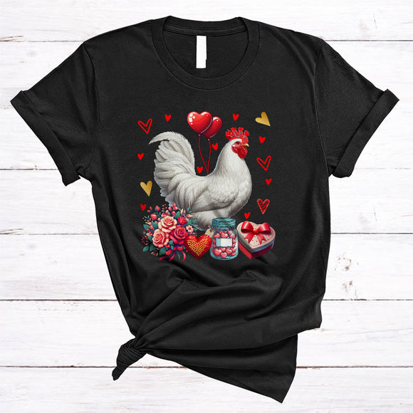 MacnyStore - Chicken With Hearts Flowers, Wonderful Valentine's Day Farm Animal, Matching Farmer Group T-Shirt