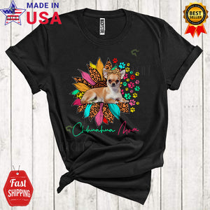 MacnyStore - Chihuahua Mom Funny Cool Mother's Day Family Leopard Half Sunflower Paws T-Shirt