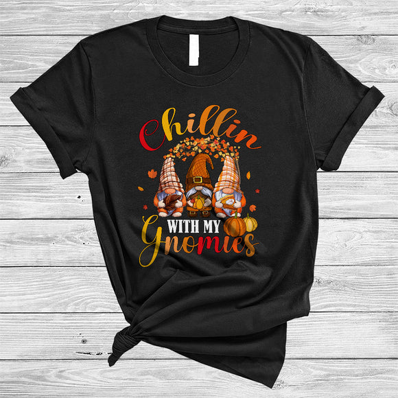 MacnyStore - Chillin With My Gnomies, Lovely Thanksgiving Three Gnomes Fall Tree, Family Squad T-Shirt