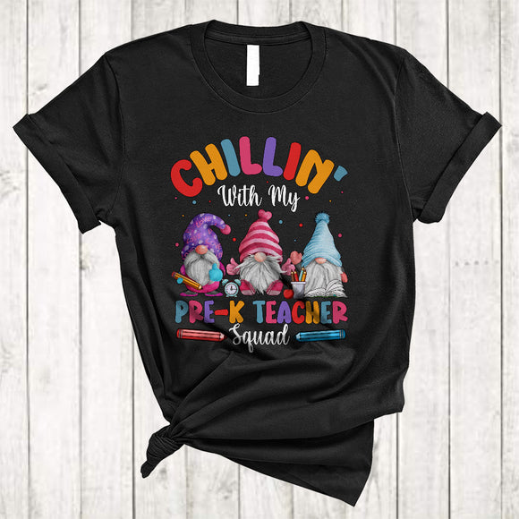 MacnyStore - Chillin' With My Pre-K Teacher Squad, Lovely Christmas Three Gnomes, Pre-K Teacher Group X-mas T-Shirt