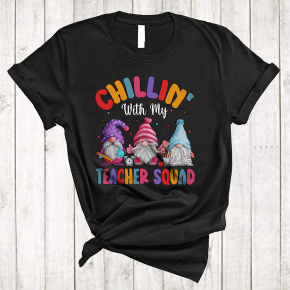 MacnyStore - Chillin' With My Teacher Squad, Lovely Christmas Three Gnomes Lover, Teacher Group X-mas T-Shirt