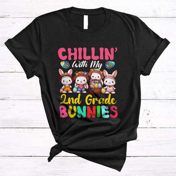 MacnyStore - Chillin' With My 2nd Grade Bunnies, Adorable Easter Four Bunnies With Egg Basket, Teacher Group T-Shirt