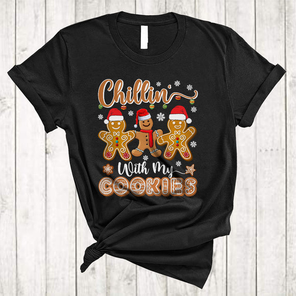 MacnyStore - Chillin' With My Cookies, Lovely Cute Three Santa Gingerbread, Christmas Teacher Family Group T-Shirt
