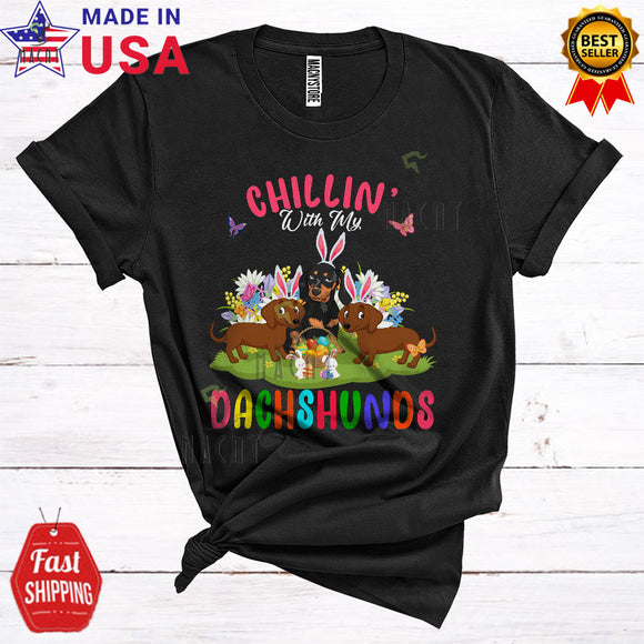 MacnyStore - Chillin' With My Dachshunds Cute Happy Easter Three Bunny Dachshunds Hunting Eggs T-Shirt