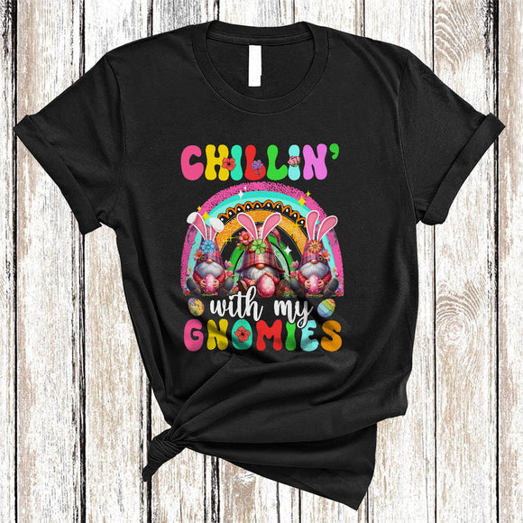 MacnyStore - Chillin' With My Gnomies, Adorable Easter Day Three Bunny Gnomes, Family Group Rainbow T-Shirt