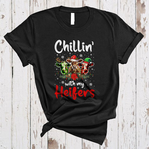 MacnyStore - Chillin' With My Heifers, Amazing Christmas Three Santa Reindeer ELF Cows, Farm Farmer Lover T-Shirt