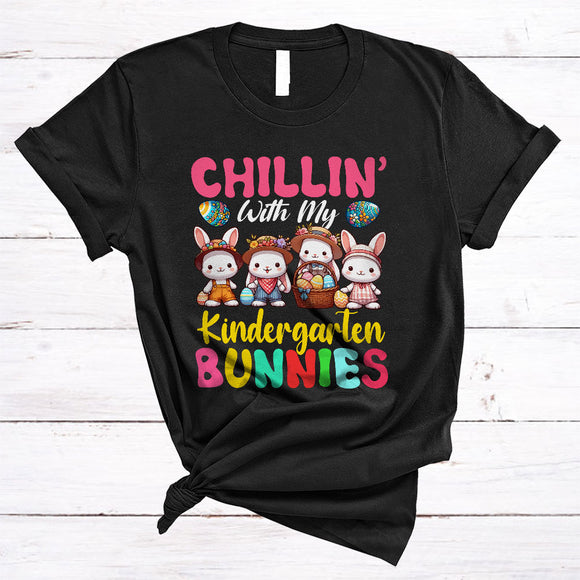 MacnyStore - Chillin' With My Kindergarten Bunnies, Adorable Easter Four Bunnies With Egg Basket, Teacher Group T-Shirt