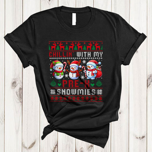 MacnyStore - Chillin' With My Pre-K Snowmies, Adorable Christmas Sweater Three Snowman, Student Teacher T-Shirt