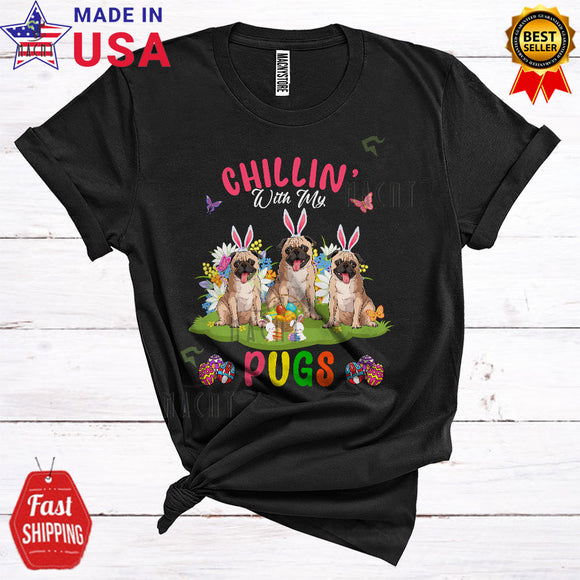 MacnyStore - Chillin' With My Pugs Cute Happy Easter Three Bunny Pugs Hunting Eggs Group T-Shirt