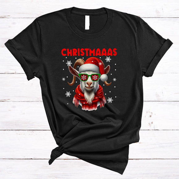 MacnyStore - Christmaaas, Humorous Cool Christmas Santa Goat Wearing Sunglasses, Farmer Snow Around T-Shirt
