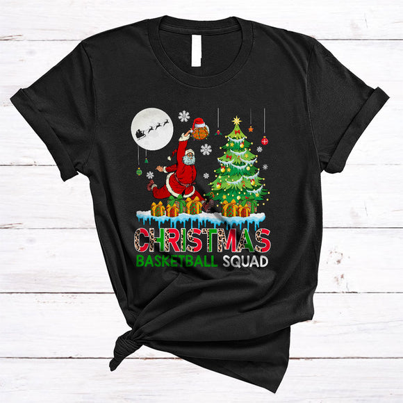 MacnyStore - Christmas Basketball Squad, Leopard Cool Santa Playing Basketball, Sport Player Team X-mas T-Shirt
