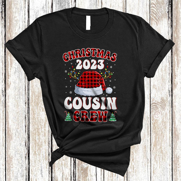 MacnyStore - Christmas Cousin Crew, Merry X-mas Red Plaid Santa Hat, Matching Family Pajamas Group T-Shirt