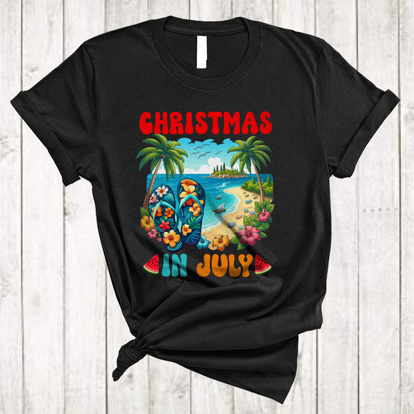 MacnyStore - Christmas In July, Colorful Summer Vacation Flip Flops Hawaiian, Sea Beach Lover Family Group T-Shirt