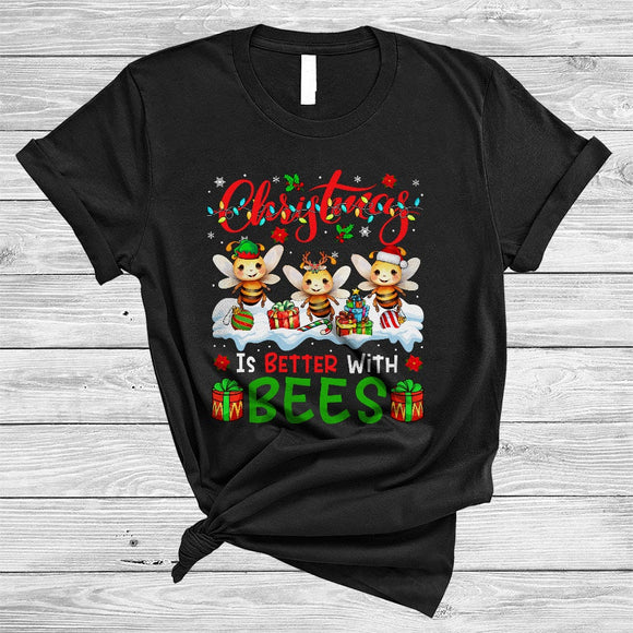 MacnyStore - Christmas Is Better With Bees, Colorful X-mas Lights Animal Bee, Snow Family Group T-Shirt