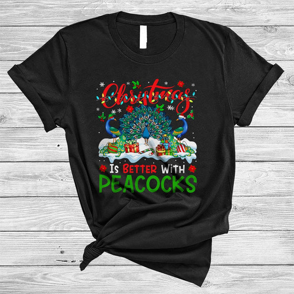 MacnyStore - Christmas Is Better With Peacocks, Colorful X-mas Lights Animal Bird, Snow Family Group T-Shirt