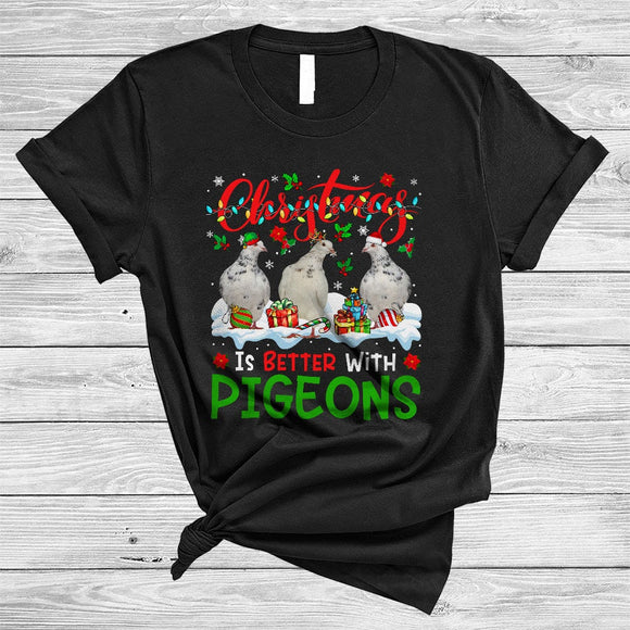 MacnyStore - Christmas Is Better With Pigeons, Colorful X-mas Lights Animal Bird, Snow Family Group T-Shirt