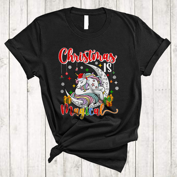 MacnyStore - Christmas Is Magical, Cool Colorful X-mas Sleeping Sant Unicorn Snow Around, Family Group T-Shirt