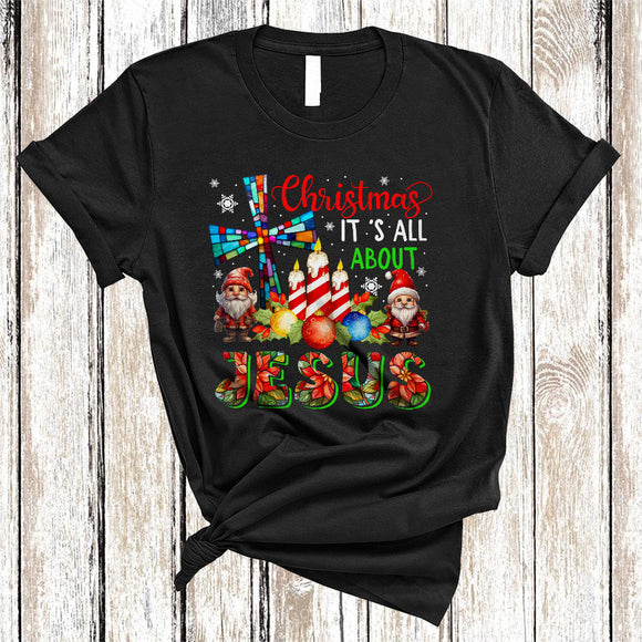 MacnyStore - Christmas It's All About Jesus Funny Matching Merry Christmas Christian Cross Plaid Gnomes Lover T-Shirt
